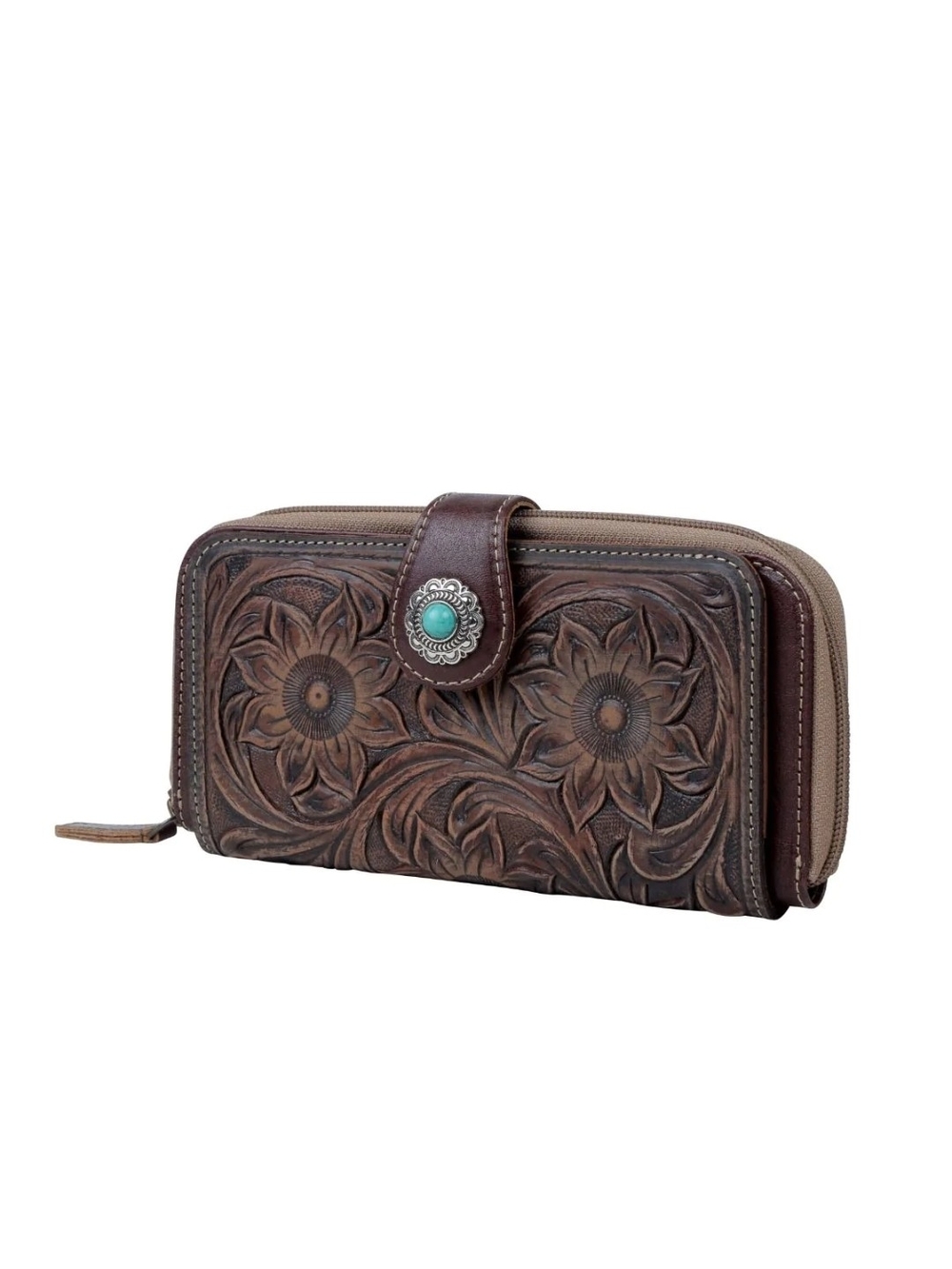 Myra Bag Brown Tooled Leather Floral Wallet with Turquoise Accent